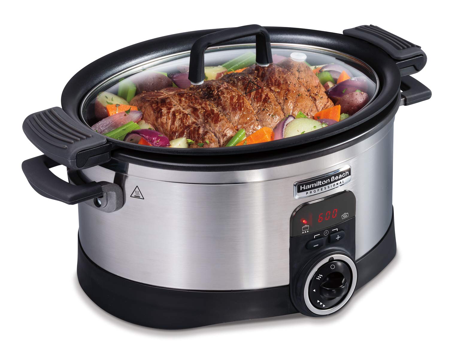 Hamilton Beach Professional 5.5L Programmable Sear & Cook Stovetop Slow Cooker With Die Cast Oven-Safe Crock, Die Cast Cool Touch Handles, 220-240V 50-60 Hz Uk Plug, Stainless Steel (33999-Sau)