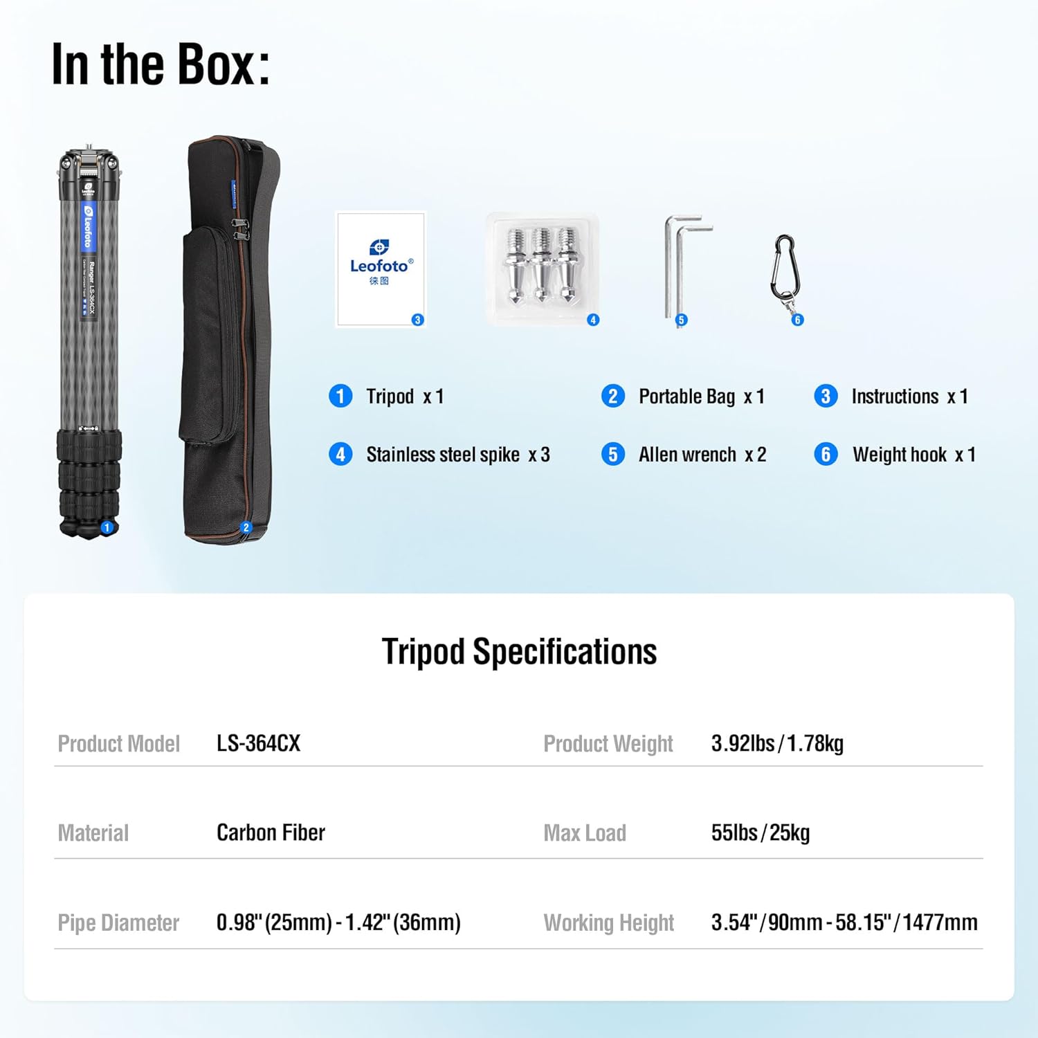 LEOFOTO 58" Carbon Fiber Tripod, Lightweight Travel Compact Tripod for Mirrorless Camera, DSLR, 4-Sections with Max Tube Dia 36mm, Load Up to 55lbs/25kg (LS-364CX)