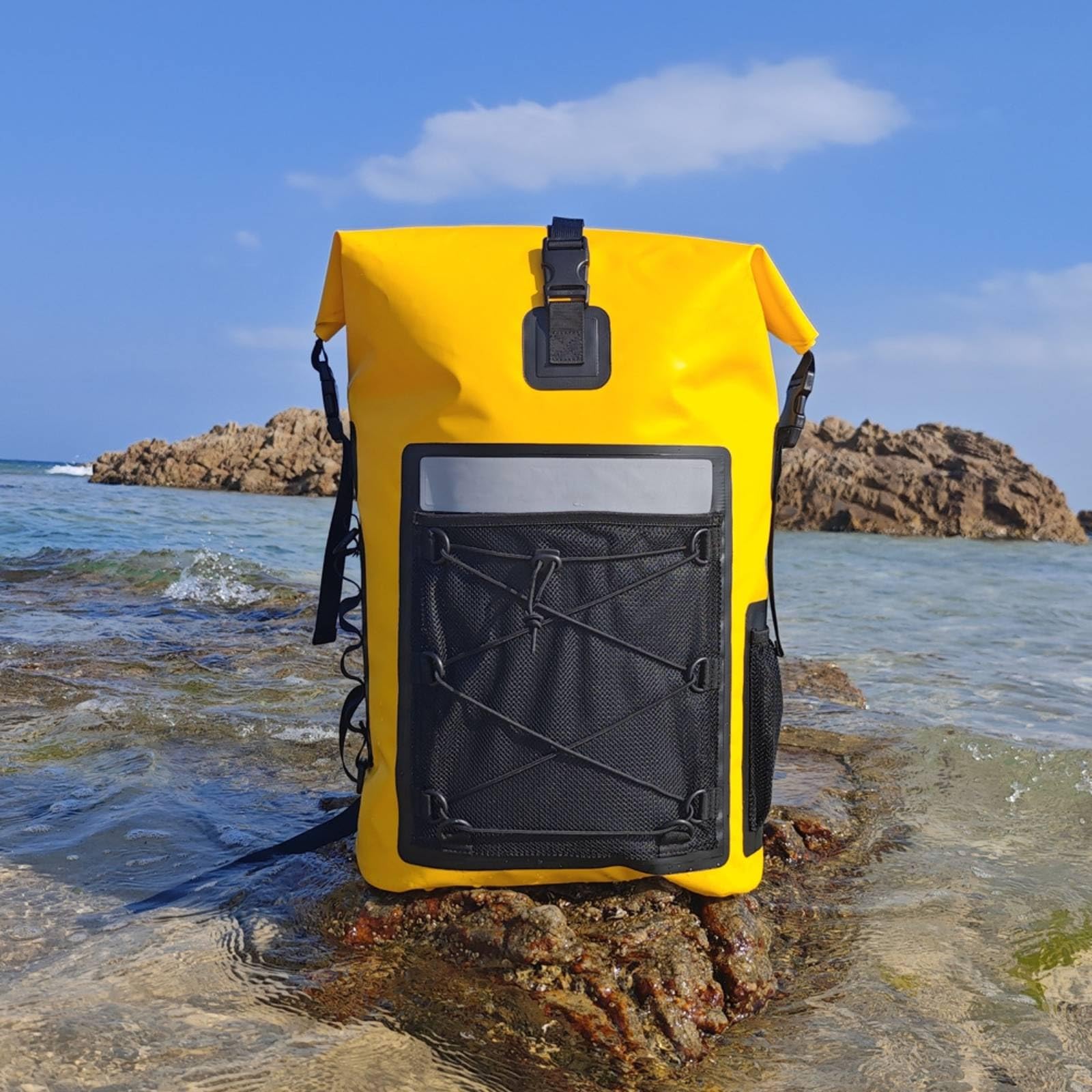 Almencla Outdoor Rucksack Wasserdicht Rolltop Rucksack Packsack Trockensack mit Rollverschluss Und Schnalle PVC Netzgewebe Fronttasche mit Mesh Und Elastischer, Array, Schwarz, size to 3