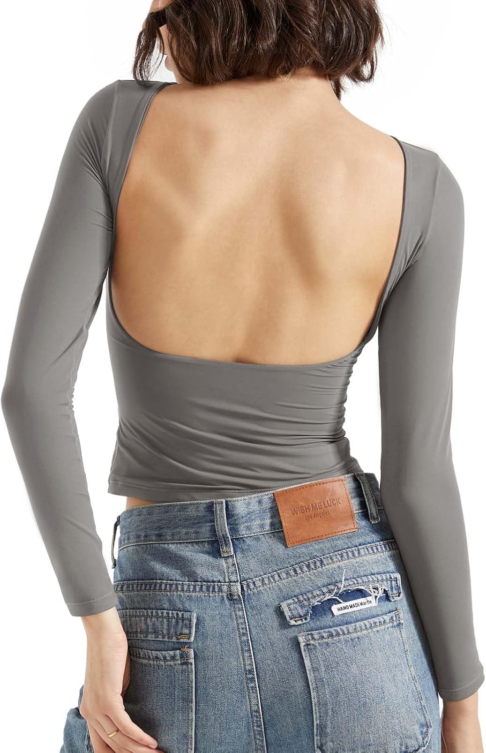 SUUKSESS Women Backless Going Out Tops Double Lined Open Back Basic Long Sleeve