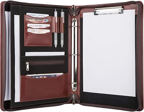 Cartera de cuero personalizada con carpeta de 3 anillos, organizador de padfolio de negocios, carpeta de negocios con cremallera con portapapeles,
