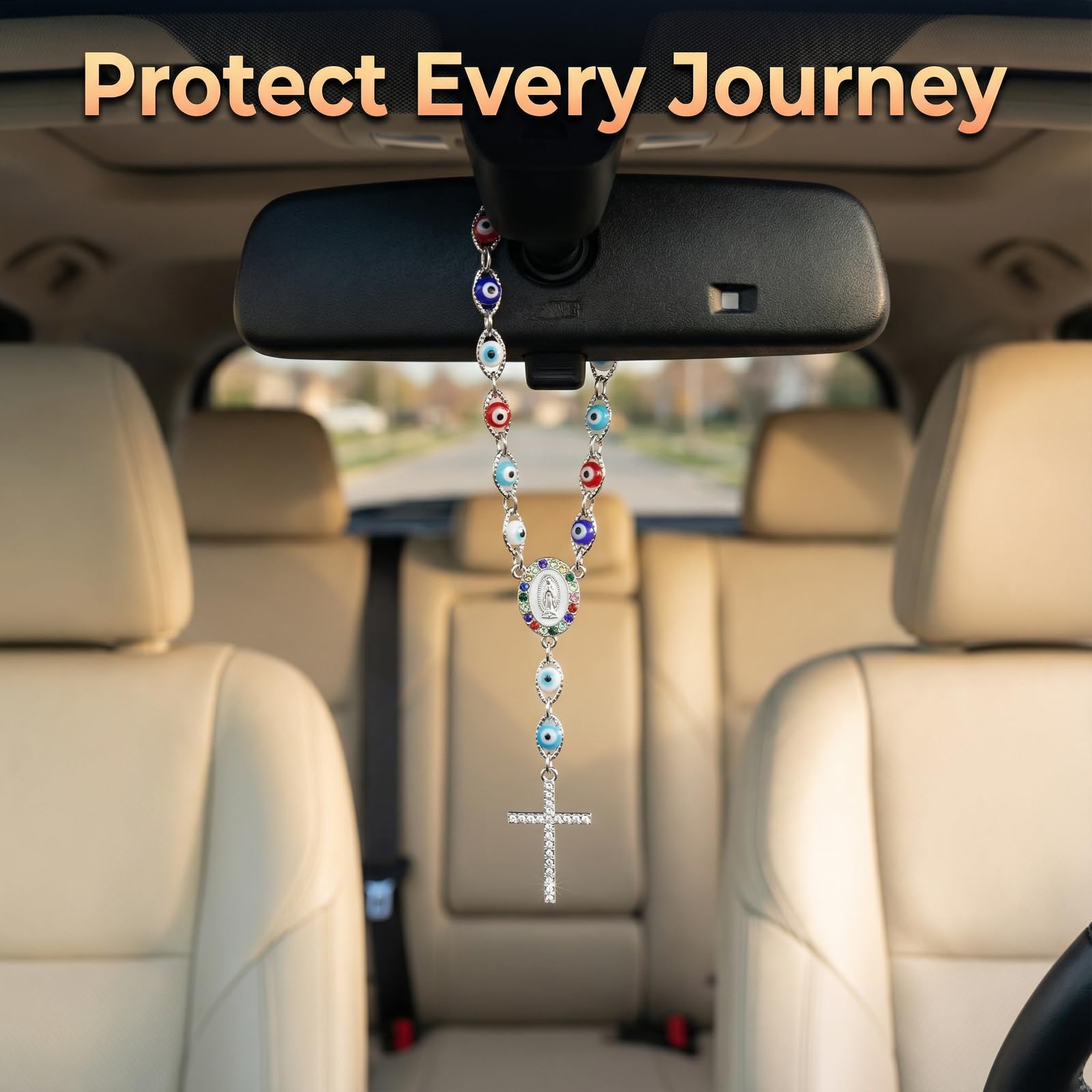 Car Rosary for Rearview Mirror Silver Evil Eye Rearview Mirror Auto Rosary Beads Car Medal and Cross Hanging — view 6