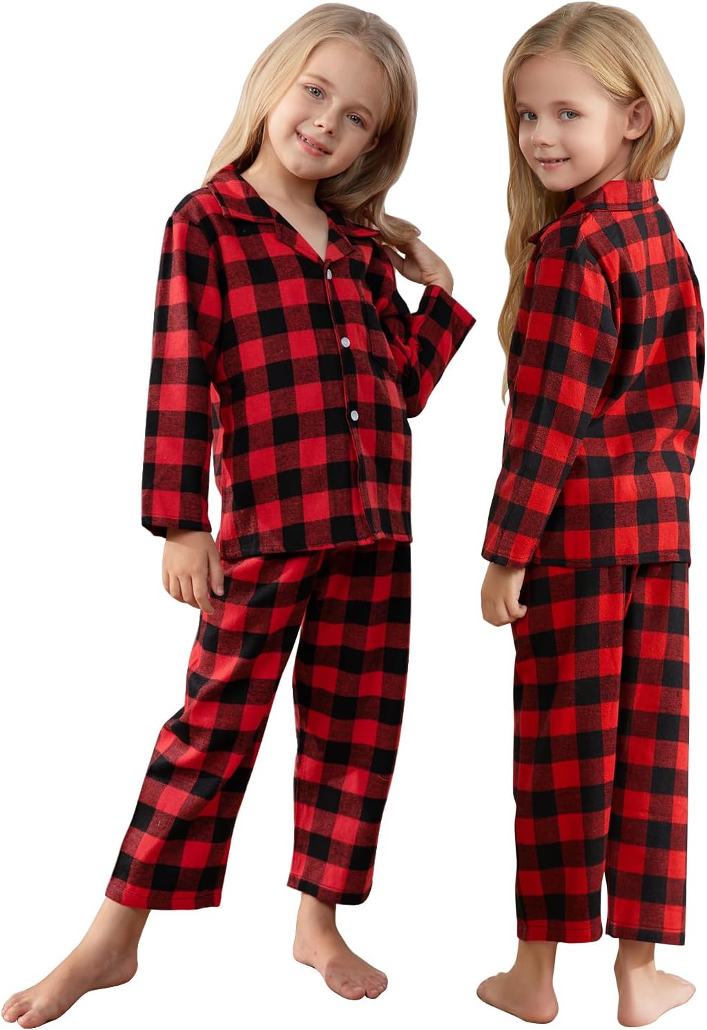 Schbbbta Kids Pajamas Set, Plaid Button Down Pjs for Girls & Boys, 9 Months - 14 Years - Image 2