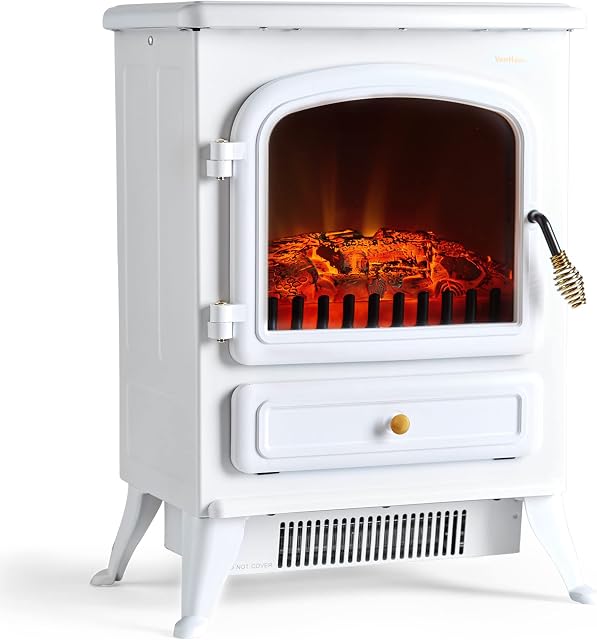 VonHaus Electric Stove Heater 1850W  Electric Fireplace  Indoor Log/Wood Burner Effect, Freestanding Fire, Portable, LED Flame, 2 Heat Settings, Adjustable Thermostat, White  L41 x W27 x H54cm