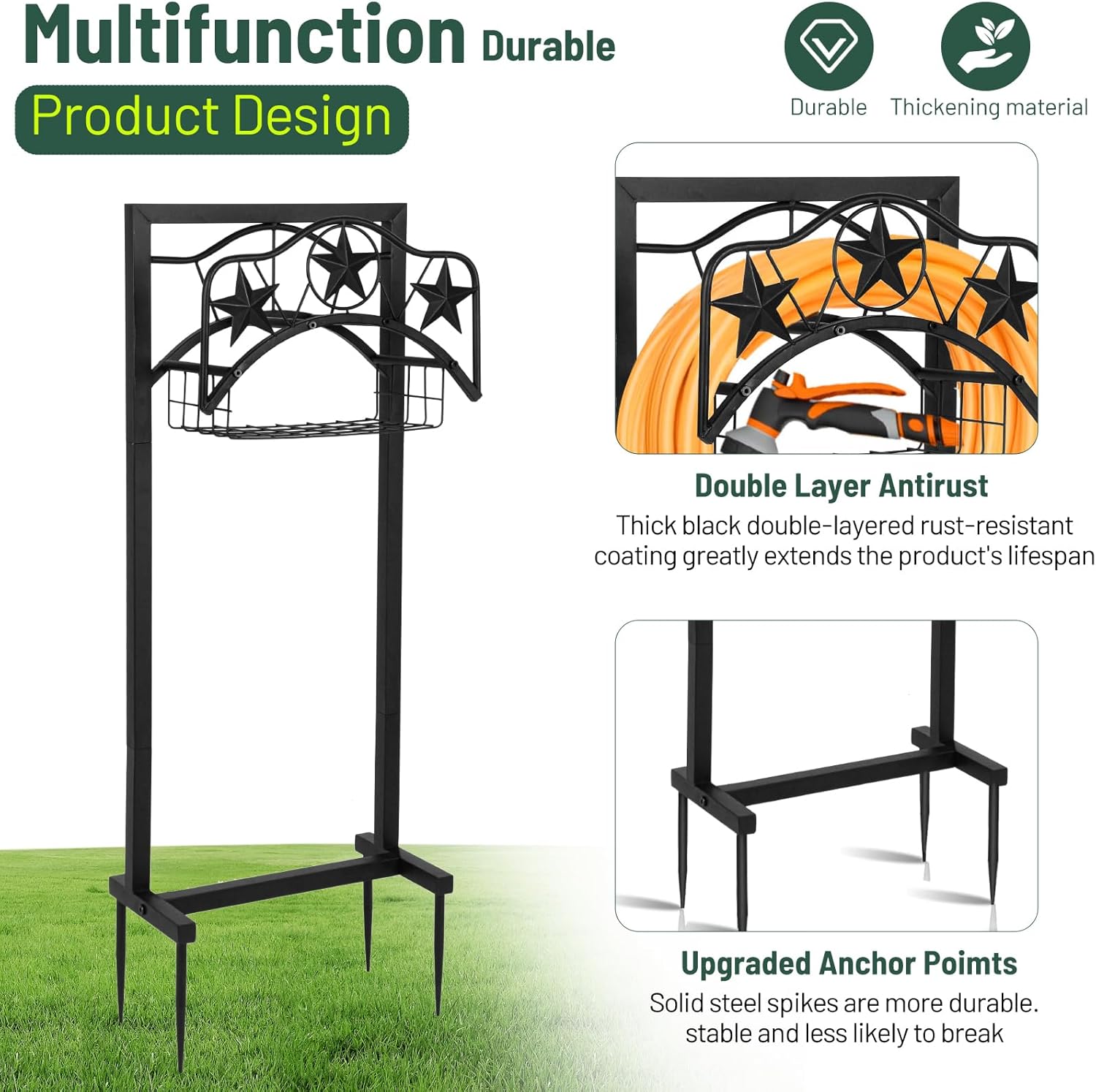 Garden Hose Holder - Upgraded Water Hose Holder Stand with Storage Basket Holds 151ft, Heavy Duty Freestanding Garden Hose Hanger Storage Rack for Outside Yard Lawn Farm
