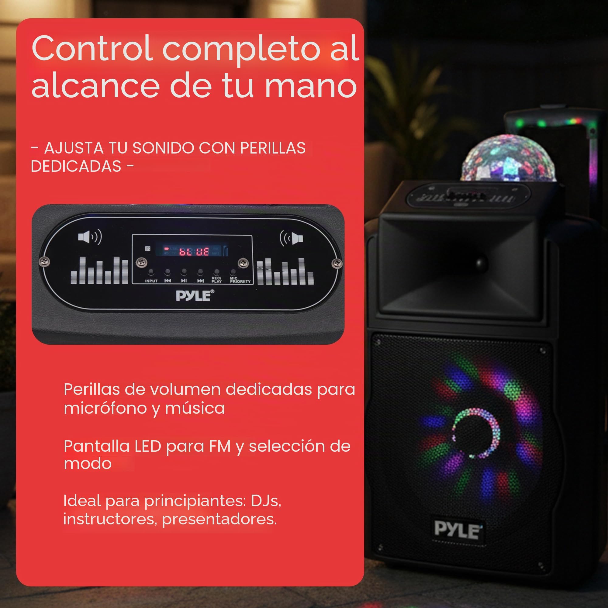 Pyle Sistema de Altavoces, PA, 700W, Bluetooth, microfono, portatil, Recargable, Interiores, Exteriores, función de grabación, micrófono, Luces de Fiesta, Radio USB/SD, Color Negro