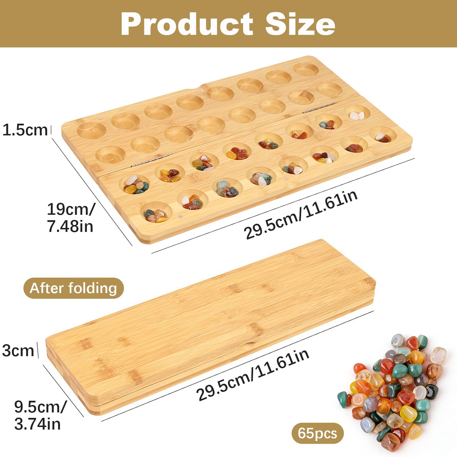 Faltbare Kalaha Spiel mit 65 Steine, Steinchenspiel Mancala Brettspiel Steinchenspiel Holz mit Steinen Hus Bao Rätselspiele, für Reisen Partys Schulaktivitäten für Alle Altersgruppen Geeignet