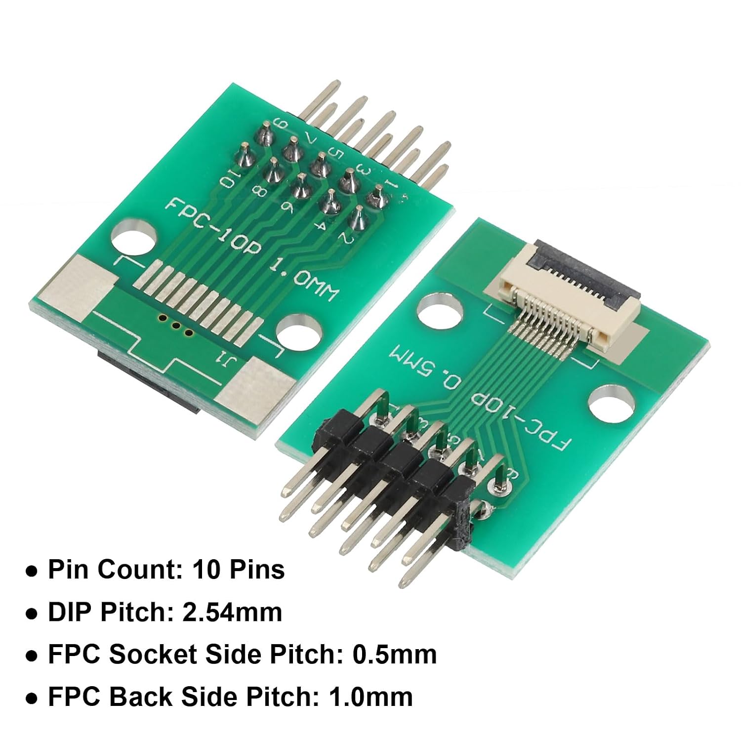 MECCANIXITY 2pcs FFC FPC Connector Board 10 Pin 0.5mm Socket to 2.54mm Double Row Right Angle Pin Header Strip Adapter, PCB Converter Board for DVD TV/Digital Cameras/Laptops