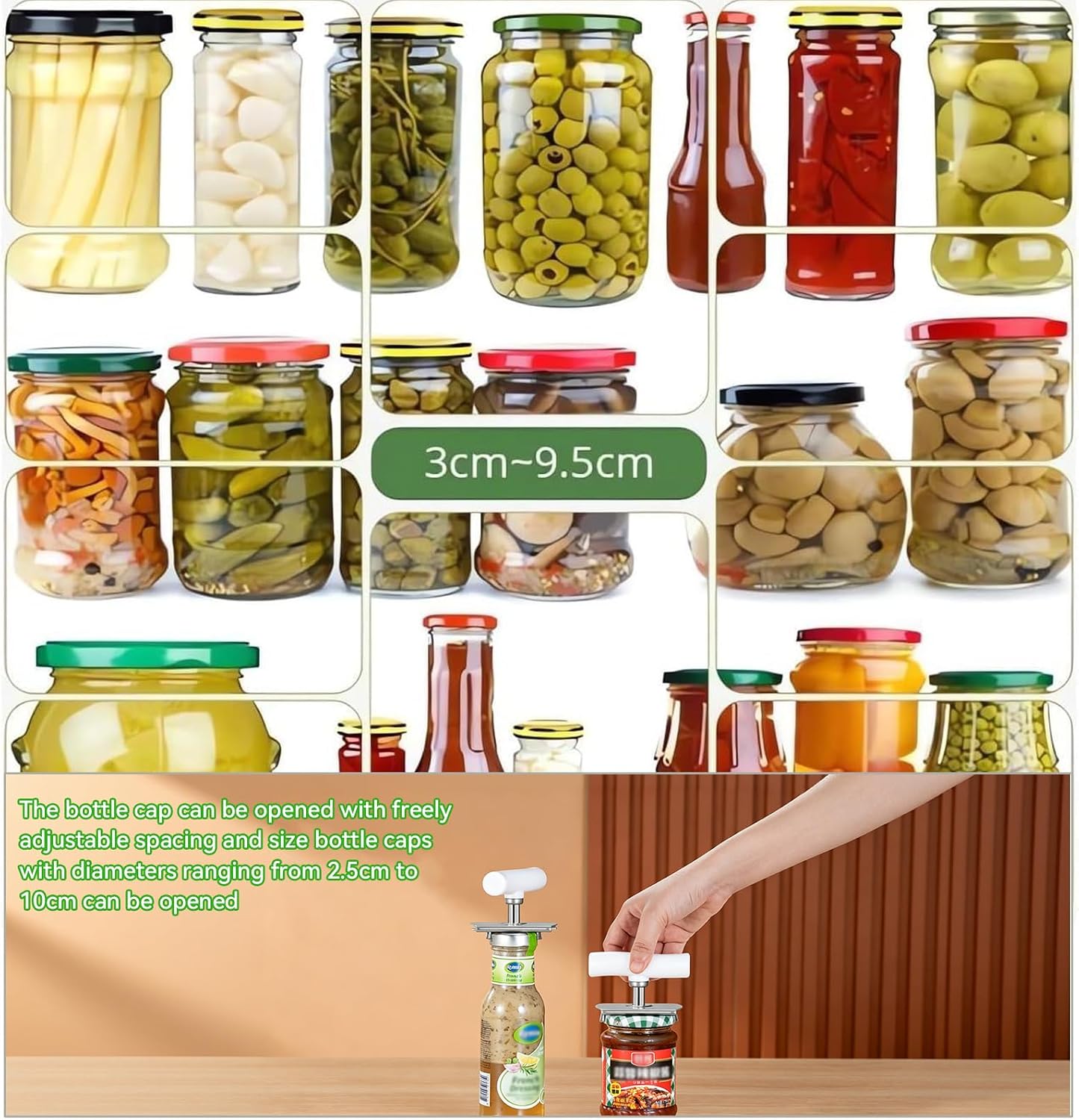 Jar Opener for Seniors with Arthritis, 2-Piece Easy Twist Lid Opener, Adjustable Grip, Stainless Steel, Fits 1-4 Inch Jars, Green and White