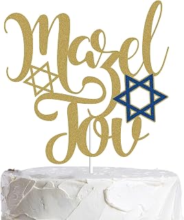 Mazel Tov Cake Topper Gold Glitter Jewish Birthday Chanukah Holiday Cake Decoration Hebrew Congratulations Hanukkah Star of David Party Supplies