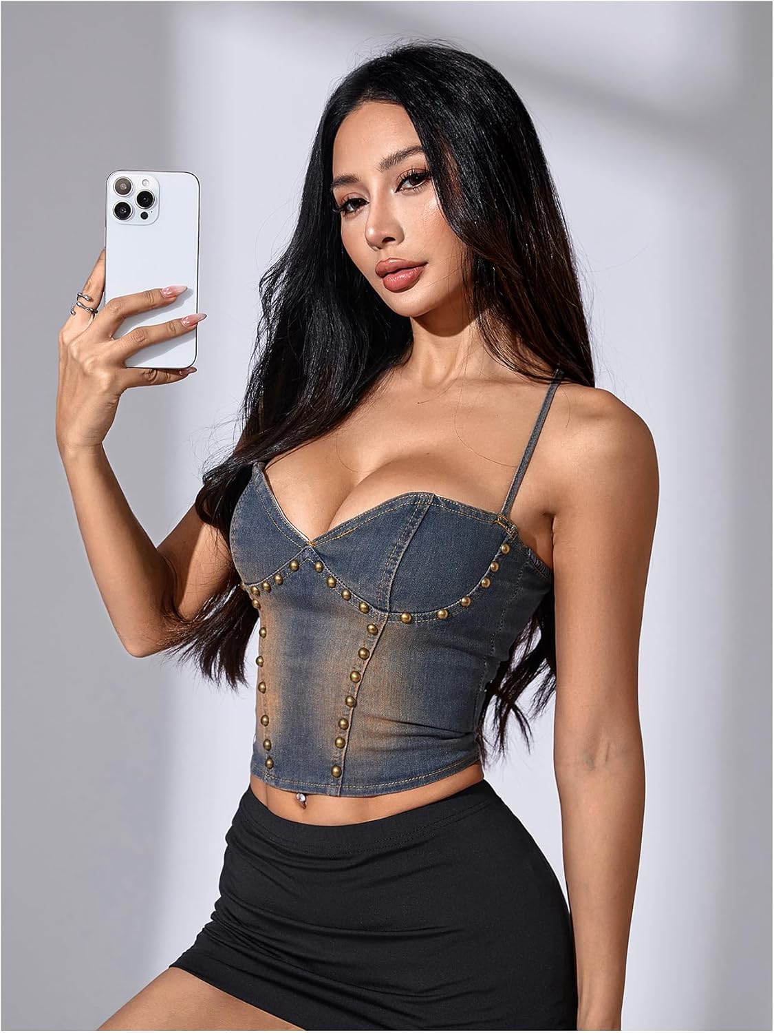 MakeMeChic Women's Y2k Denim Camis Crop Top Backless Rivet Studded Jean Tops - Image 4