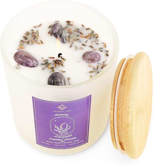 Crystal Vibe Aromatherapy Candles with Amethyst Crystals and Lavender Sc...