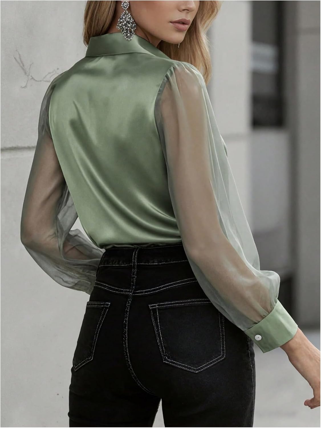 GORGLITTER Women's Satin Blouse Sheer Mesh Long Sleeve Button Down Dressy 2026 Business Work Casual Shirts - Image 2