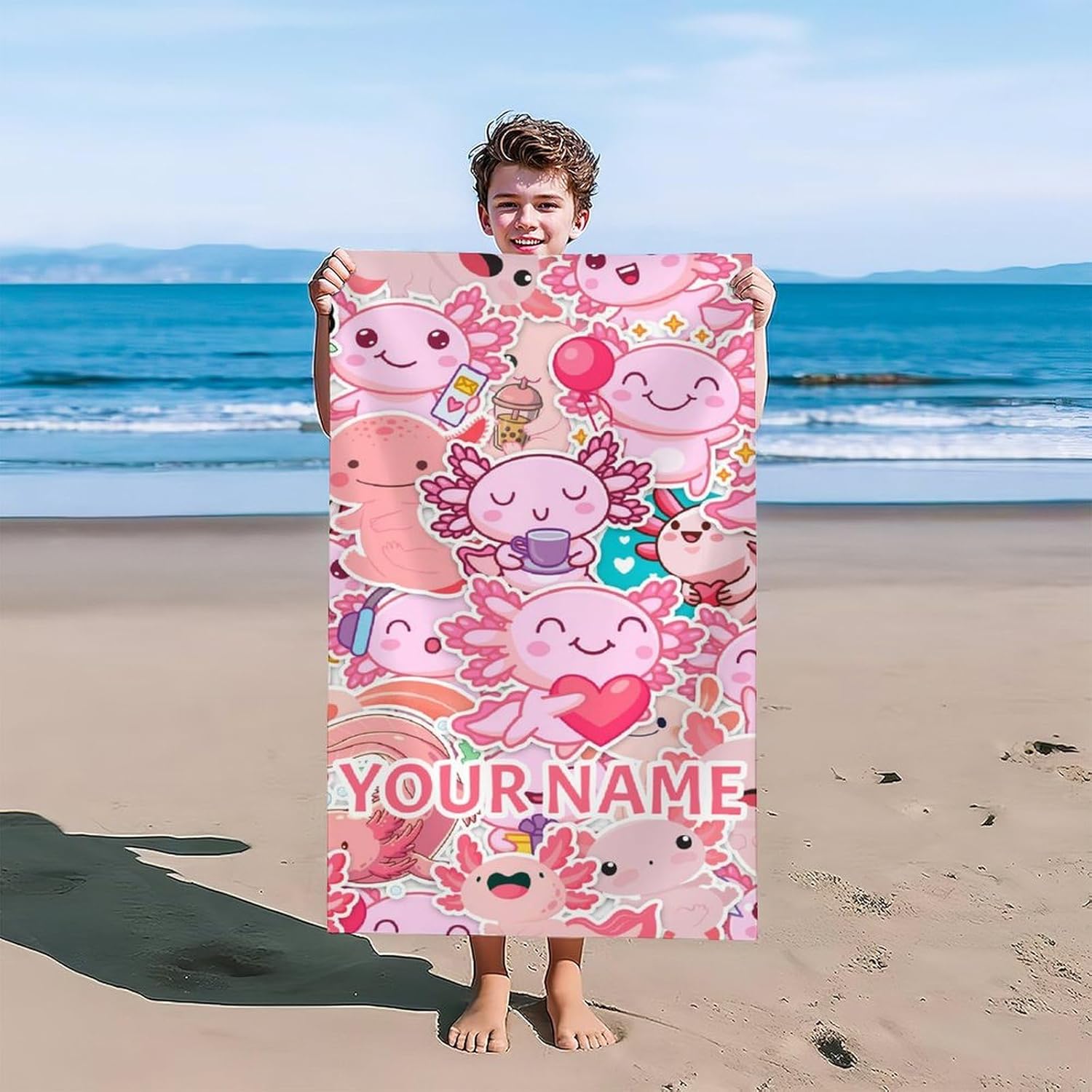 Quick Dry Beach Towel for Adults, Custom Axolotl Towels for Picnic, Camping, 40" x 70" Oversized Microfiber Absorbent Sand Proof