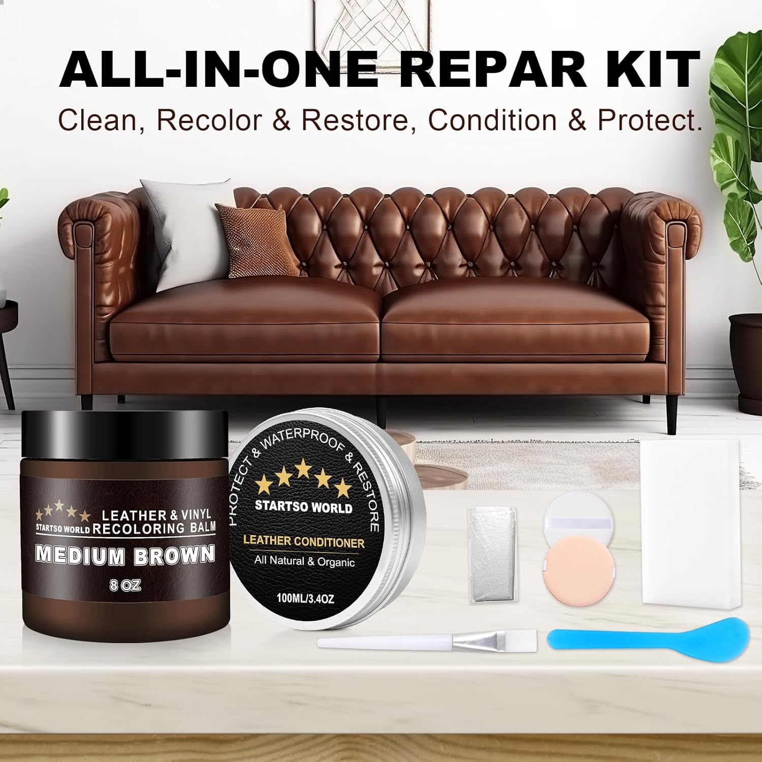 STARTSO WORLD 200Ml Leather Recoloring Balm with 100ML Leather Conditioner, Medium Brown Leather Repair Kit for Furniture, Leather Dye, Leather Scratch Repair, Leather Couch Paint