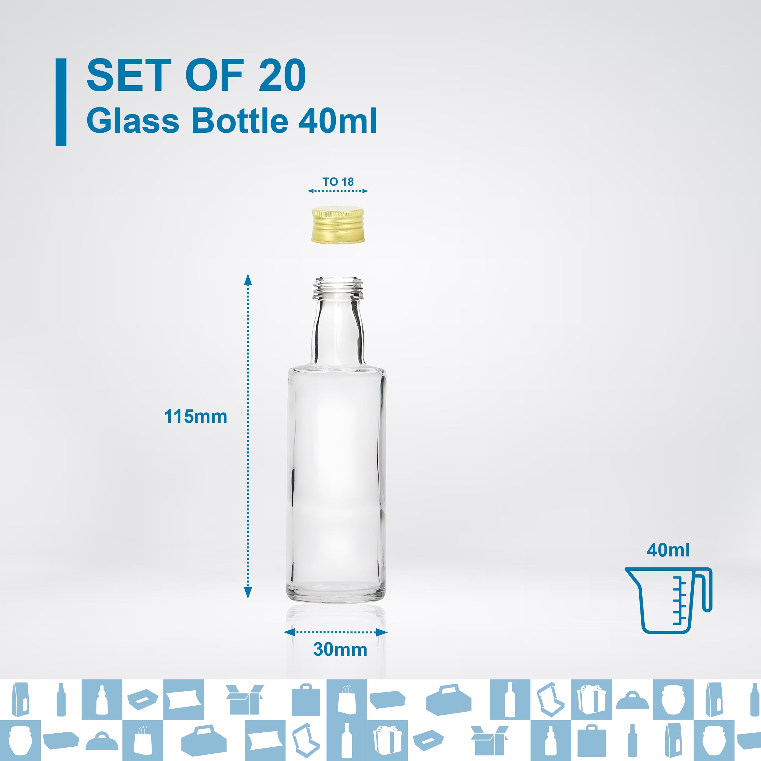 20 Mini Botellas de Vidrio de 40ml con Tapón de Rosca Dorado | Miniaturas de Alcohol de 4cl, Pequeños Frascos para Muestras | Ideal para Regalos, Bodas