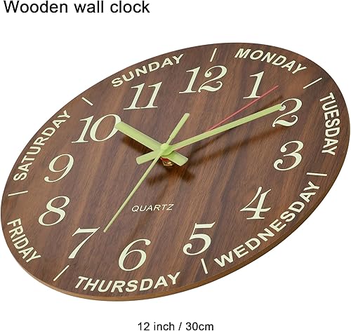 Miniatura 3 de WOOPHEN Reloj de pared luminoso de 12 pulgadas, de madera, silencioso, sin tictac, funciona con pilas, con día y semana para sala de estar,