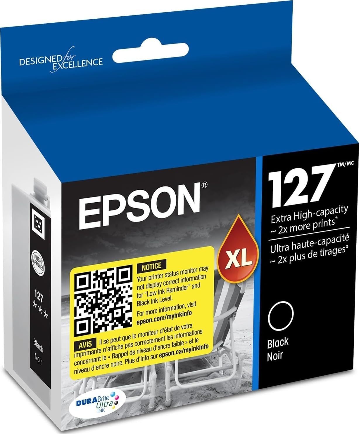 127 DURABrite Ultra Ink Black Cartridge for NX-530, 625, WF-3520, 3530, 3540, 545, 60, 630, 633, 635, 645, 7010, 7510, 7520, 840, 845, Water Resistant
