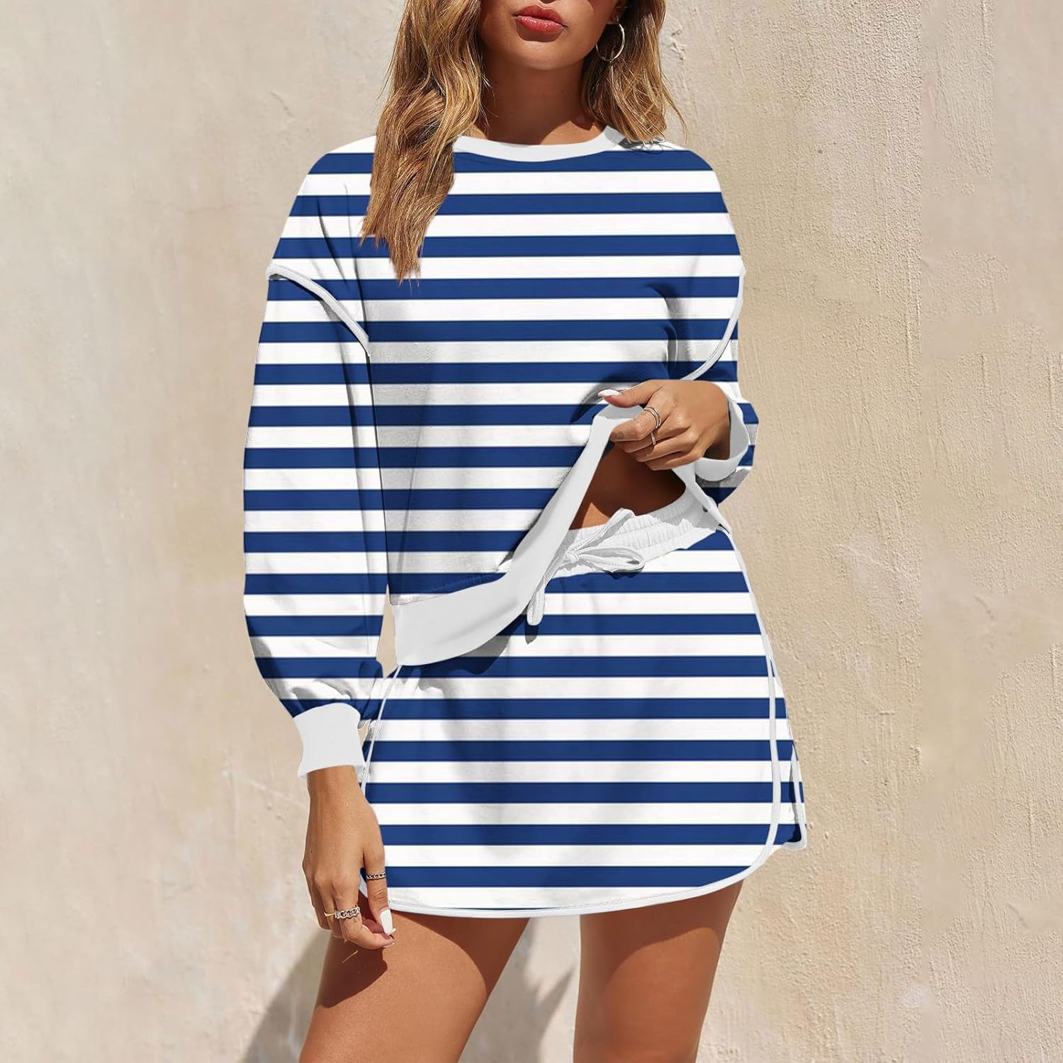 Womens Lounge Tracksuit Sets Striped Print 2 Piece Outfits Sweatshirt Athletic Casual Skirts with Shorts Underneath