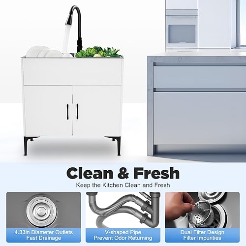 Miniatura 6 de Fregadero de lavandería de 30 pulgadas con gabinete y grifo rociador extraíble, fregadero de acero inoxidable con doble tazón, dispensador de jabón,