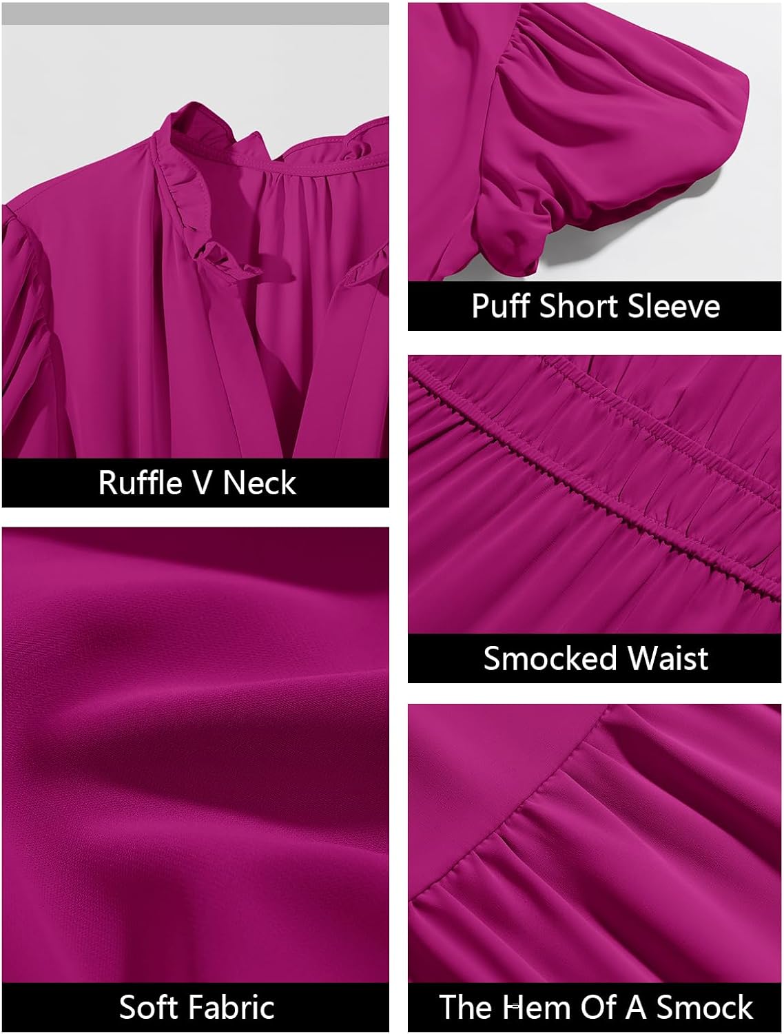 Wenrine Womens Summer Midi Dress Puff Short Sleeve V Neck Flowy Tiered Beach A-Line Dresses - Image 8