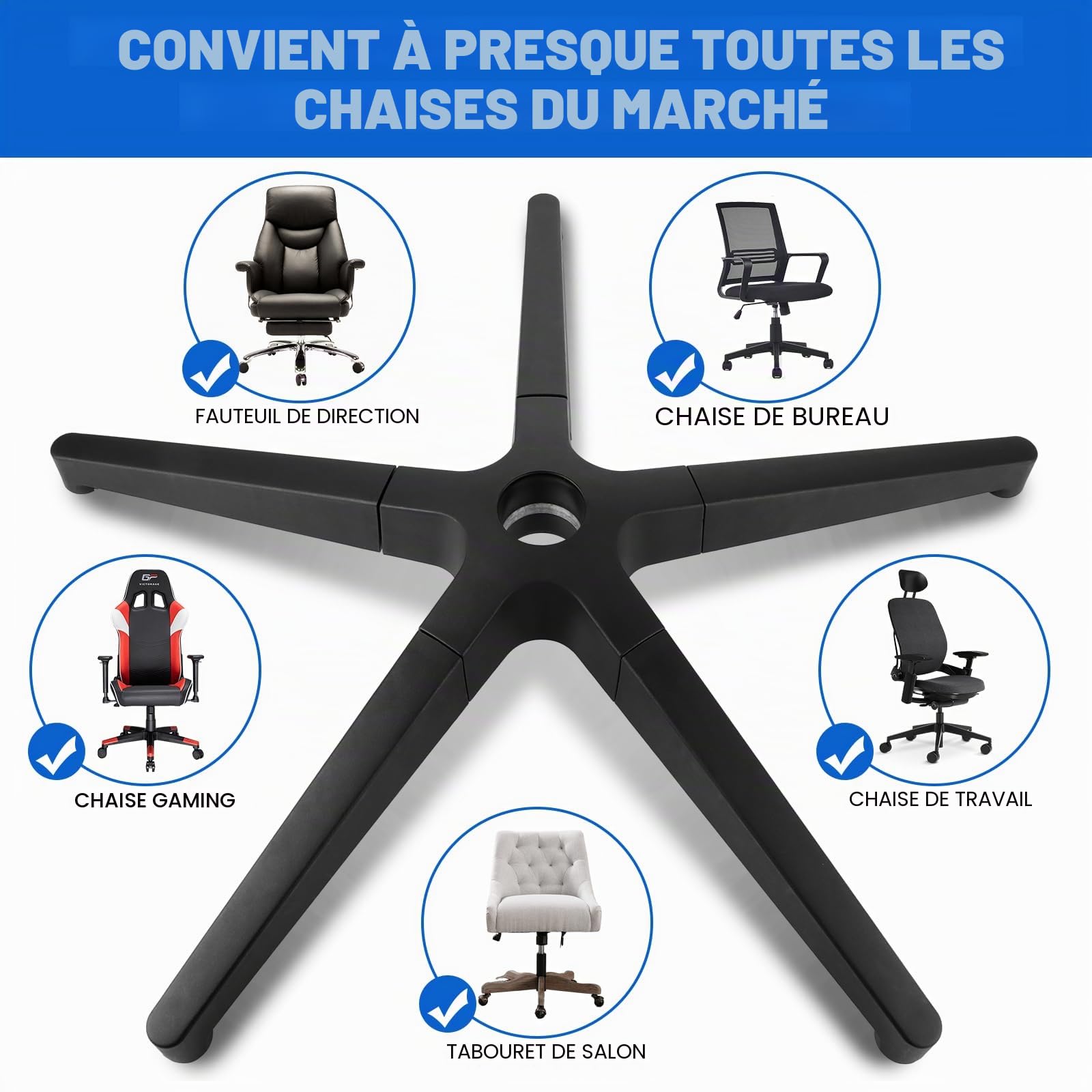 DAJAVE Chaise de bureau en forme de croix de 200 kg, en métal, diamètre 70 cm, universelle, pour roues de 11 mm x 22 mm et ressort à gaz de 50 mm, durable, stable, avec base en métal noir