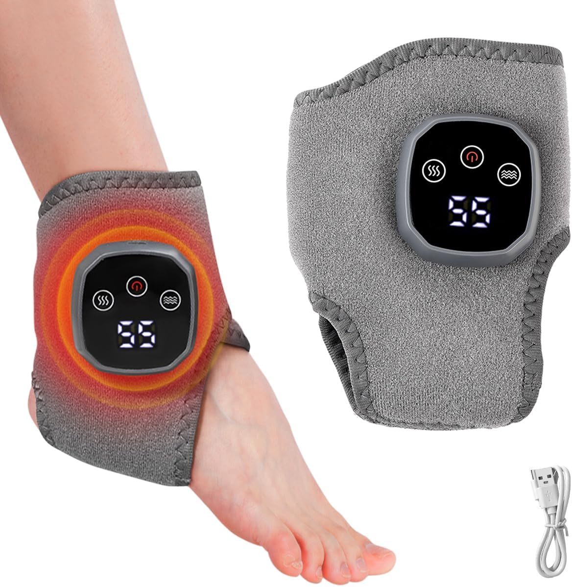 New Triple Method Massager, Electric Foot and Ankle Massager Heated Wrap with 3 Vibration Modes & 4 Heat Levels, Smart Timer, Cordless Portable Design for Home, Travel Use (grey-1pack)