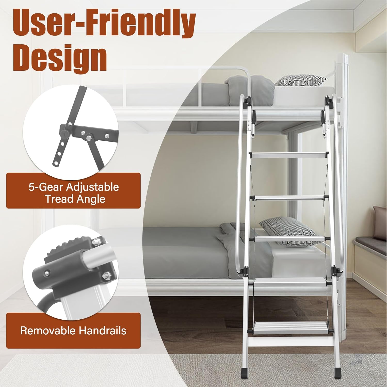 Undercat 5 Steps Bunk Bed Ladder, Adjustable 5.5ft Aluminum Alloy Step Ladder with Removable Handrails & 7.87in Anti-Slip Folding Wider Treads, 330 lbs Load Capacity, for Dorm Loft Truck RV Apartment