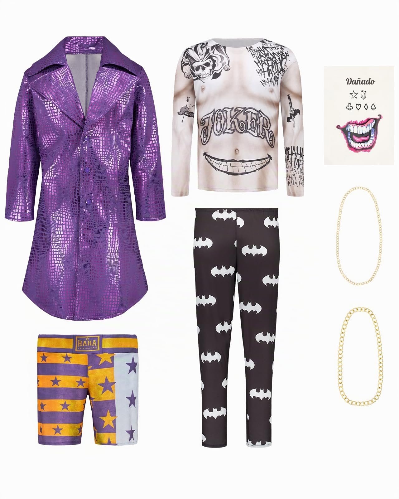 Funidelia Disfraz Oficial de Joker - Escuadrón Suicida para hombre, Camiseta, leggins, pantalón, gabardina, cadenas, DC Comics - Traje para adultos para fiestas, Carnaval y Halloween - Talla XL