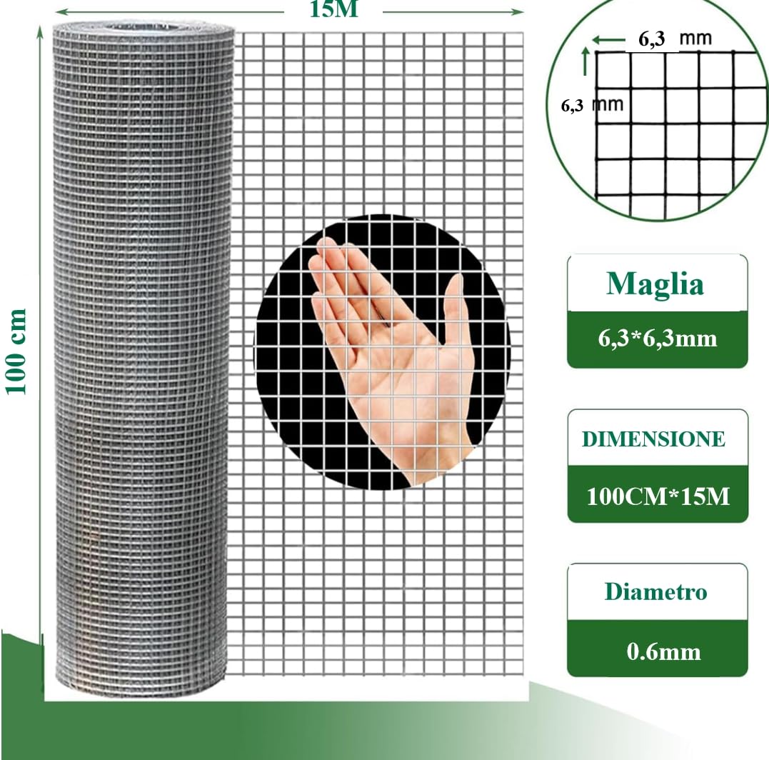 Amagabeli 0.9M*15M Rete Metallica Recinzione Saldata Zincata 6.3mm Maglia Rete Recinzione Elettrosaldata Zincata Quadrata Recinzione Elettrosaldata Spessore Giardino recinzioni recinzione