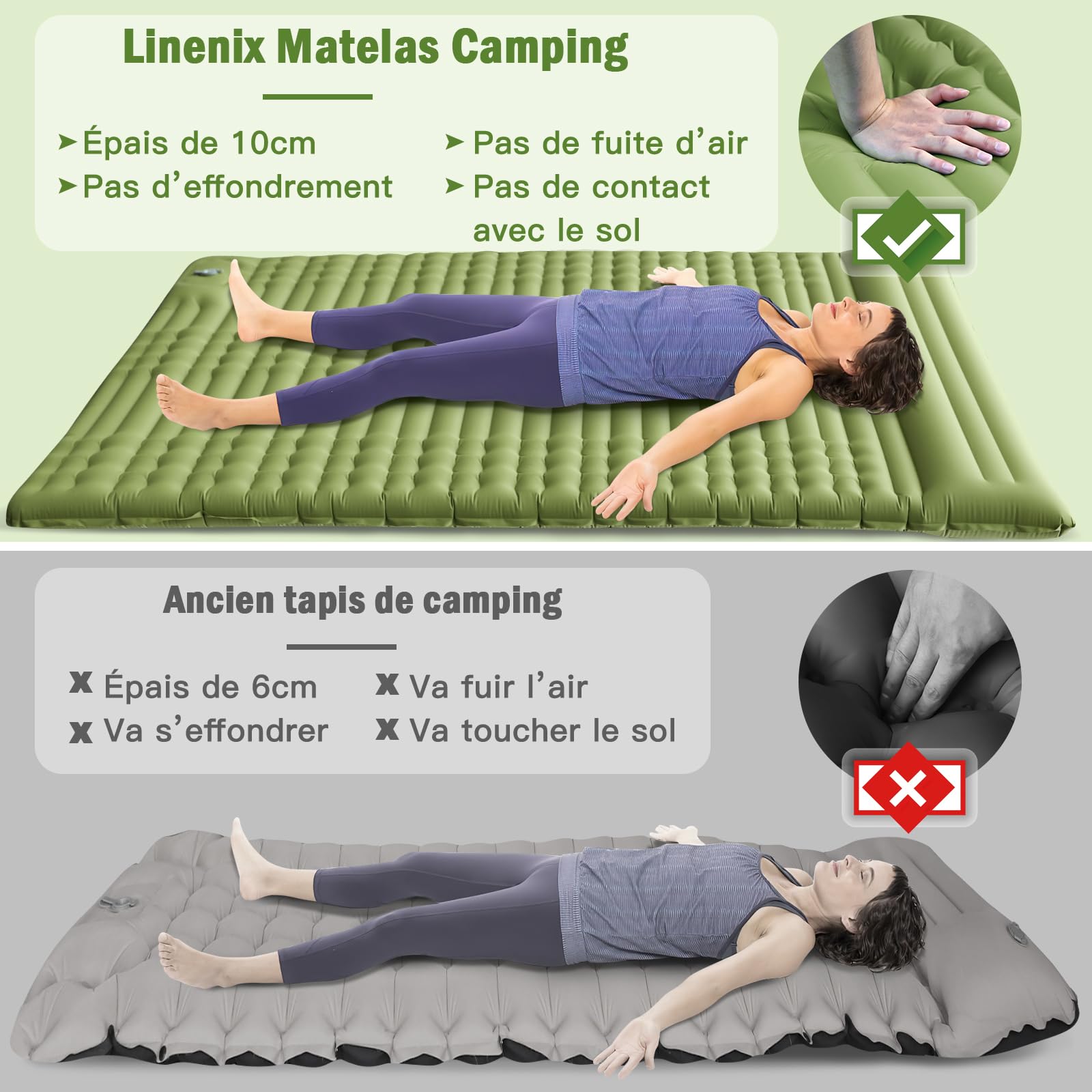 Matelas Autogonflant,Matelas Camping,Matelas Gonflable 1 Place,12cm D'épaisseur,Matelas Trekking,Randonnée Ultra Léger,Portable avec Oreiller Int égré et Pompe à Pied (Vert 2 Place)