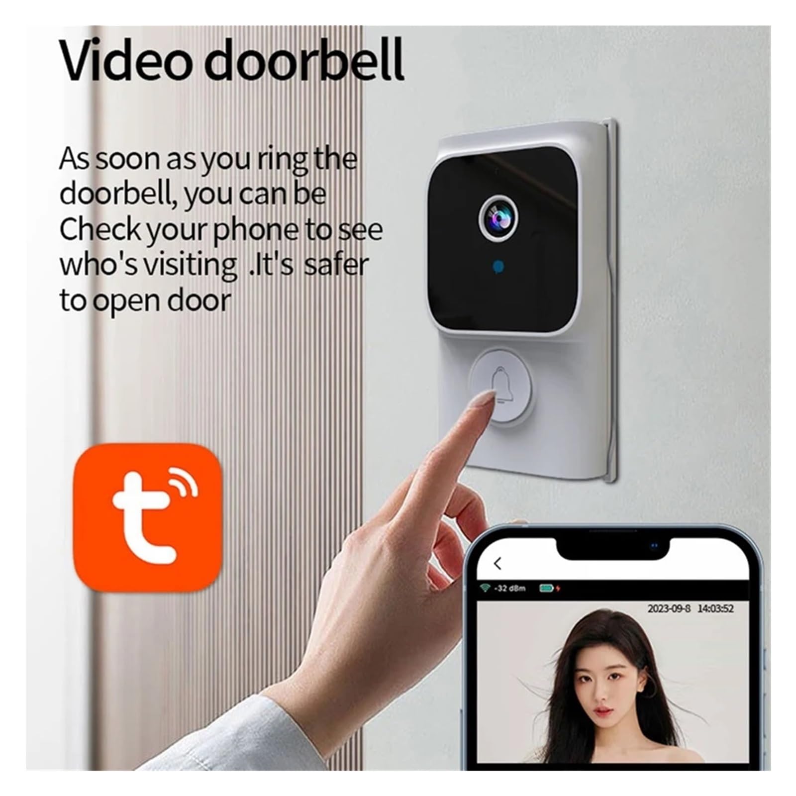 Timbre con vídeo Inteligente Timbre Visual con Wi-Fi y bajo Consumo, Aplicación Completa, Visión Nocturna, PIR, Almacenamiento en la Nube para hogares Inteligentes, oficinas y hogares