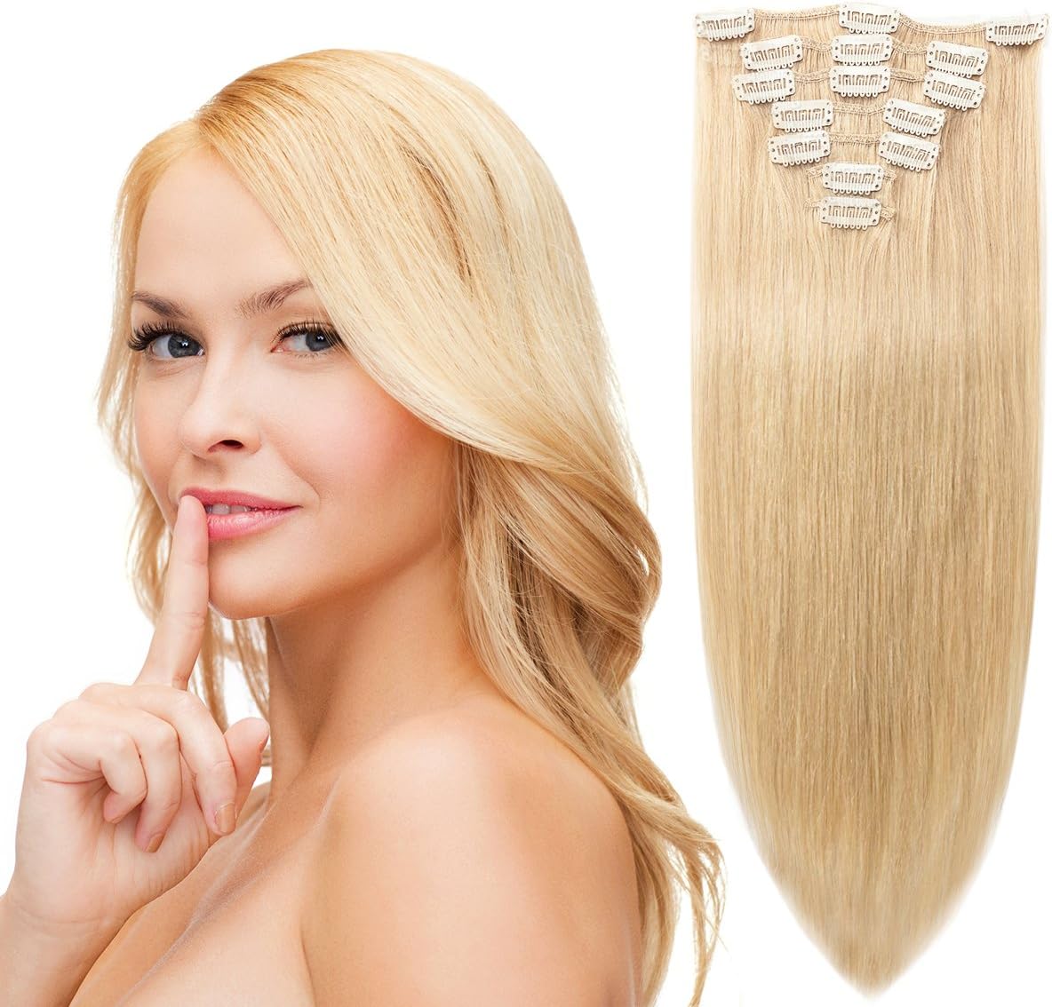 18" Remy Hair Extensions Clip in Human Hair with 15clips 7pcs Soft Smooth Straight &Thin for Lady (70g, Natural Blonde #24)