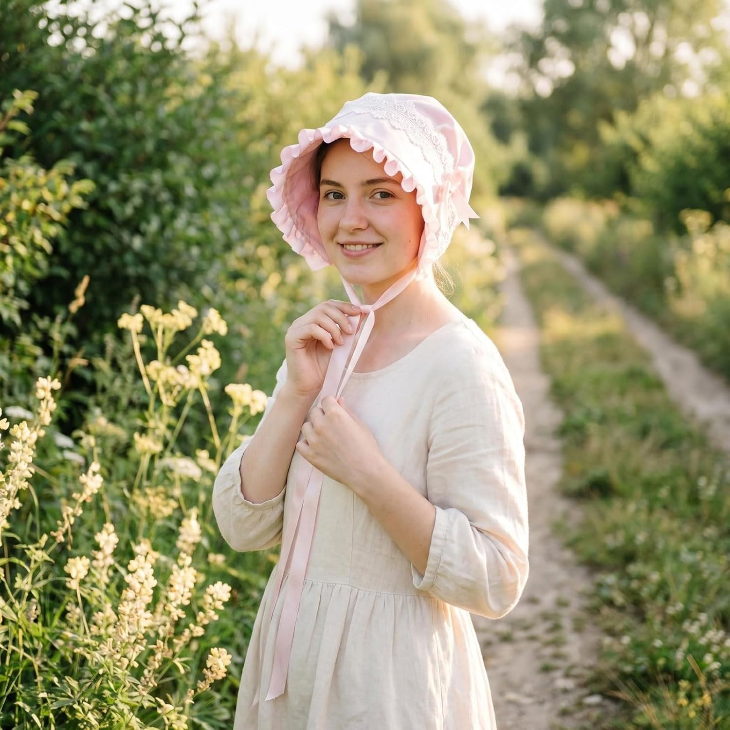 Women's Colonial Bonnet Cap, Cotton Blend, One Size, Flower Pattern, Victorian Housemaid Mob Hat Costume Accessory