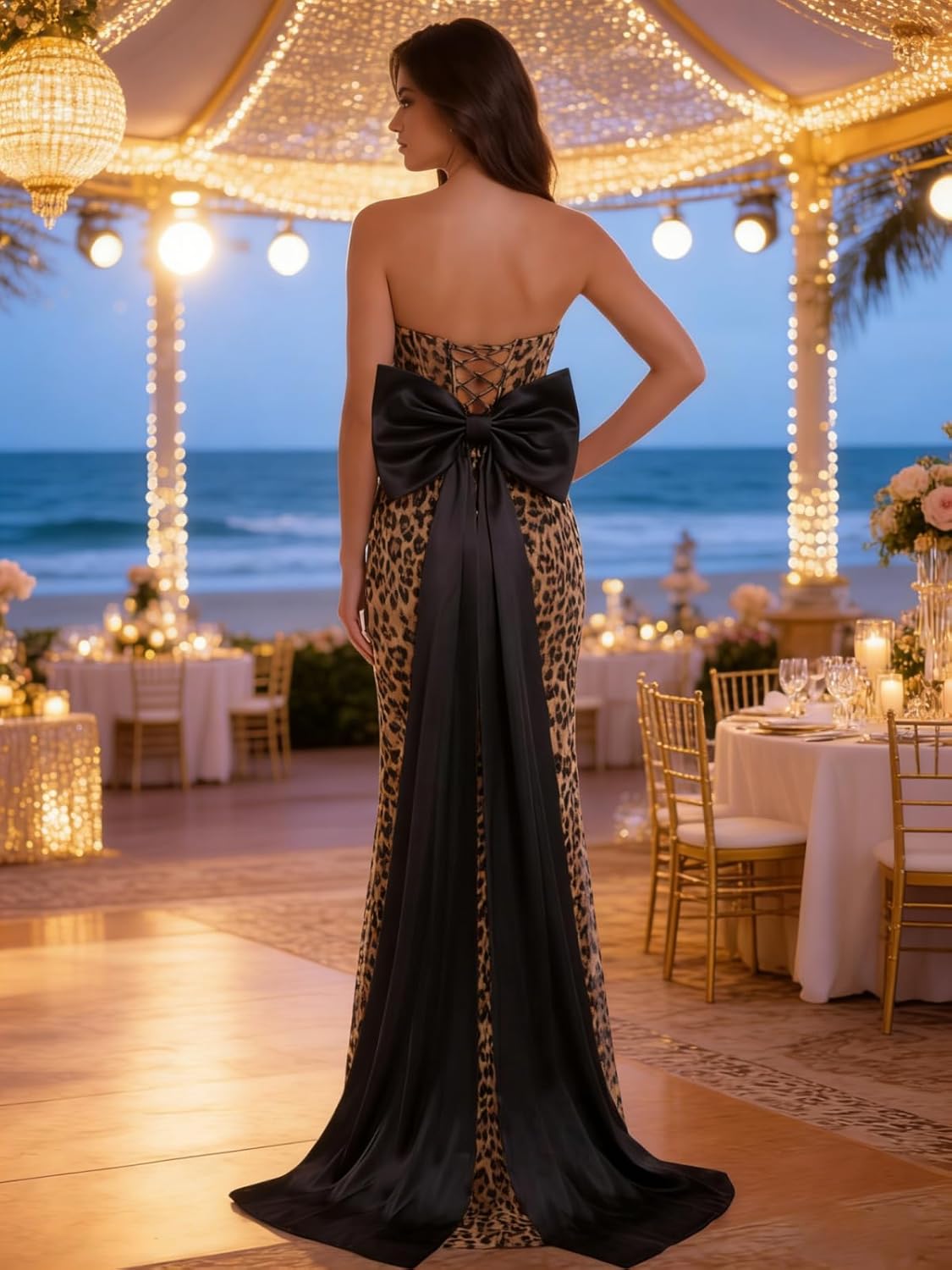 SNOWROSE Corset Leopard Print Prom Dresses 2026 Ball Gowns with Bow Mermaid Strapless Formal Evening Dresses with Slit