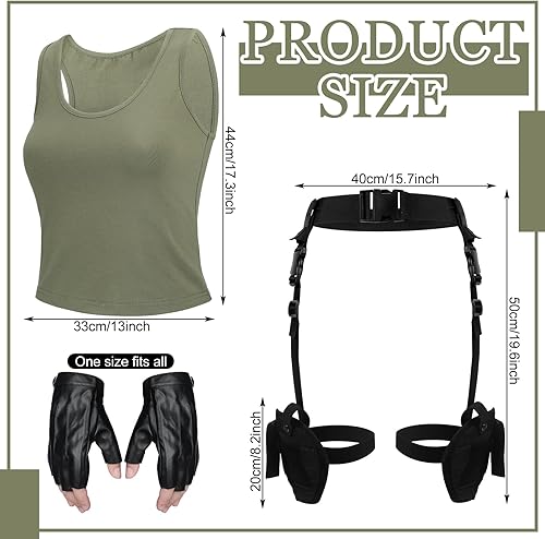 Miniatura 8 de Jiuguva 3 piezas de disfraz de Halloween para mujer, pistolera de pierna ajustable, guantes de cuero, camisetas sin mangas