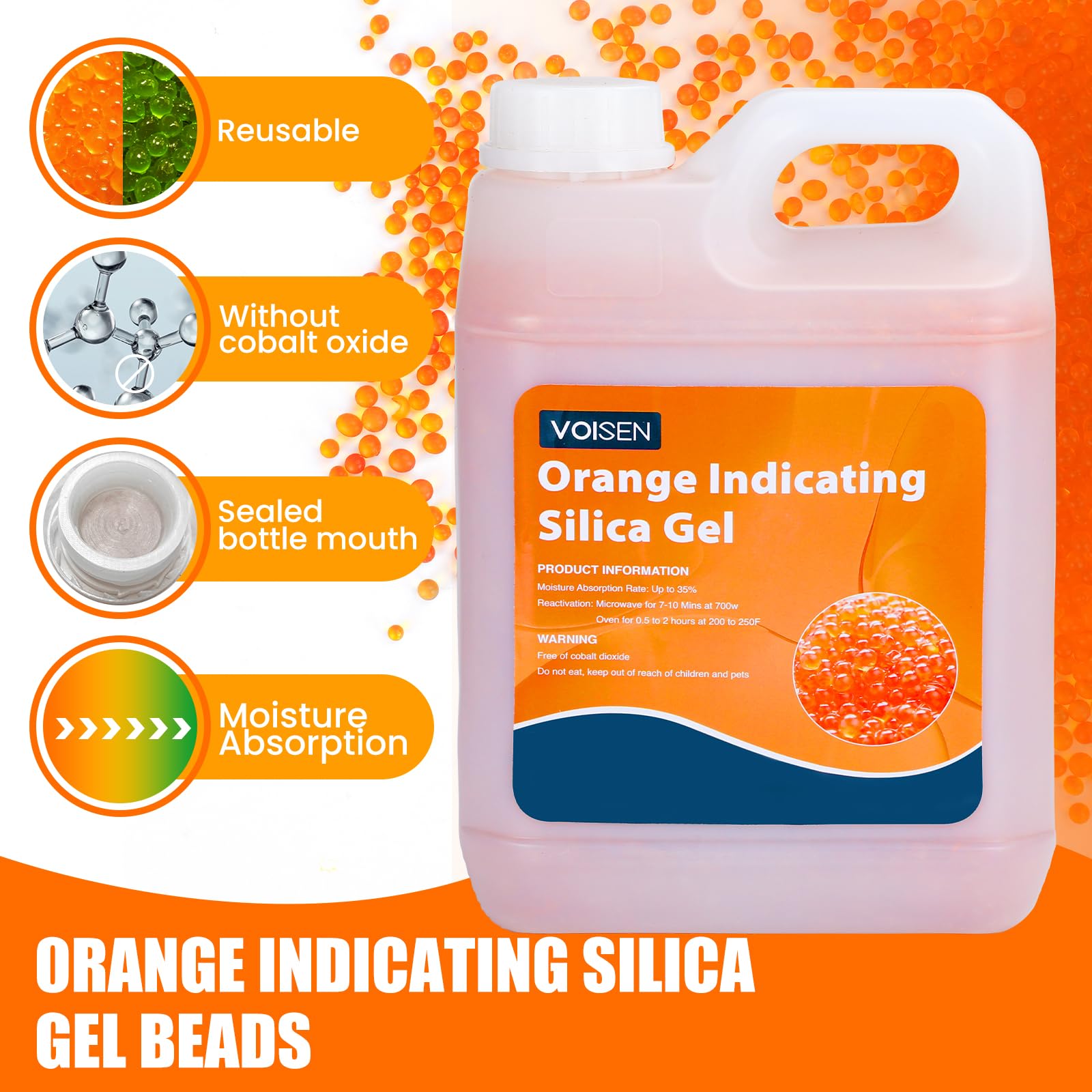 VOISEN 2 LBS Orange Indicating Silica Gel Desiccant Beads,Reusable Desiccant Industry Standard 3-5 mm,Desiccant for 3D Printer,Electronic,Clothes,Painting,Jewelry