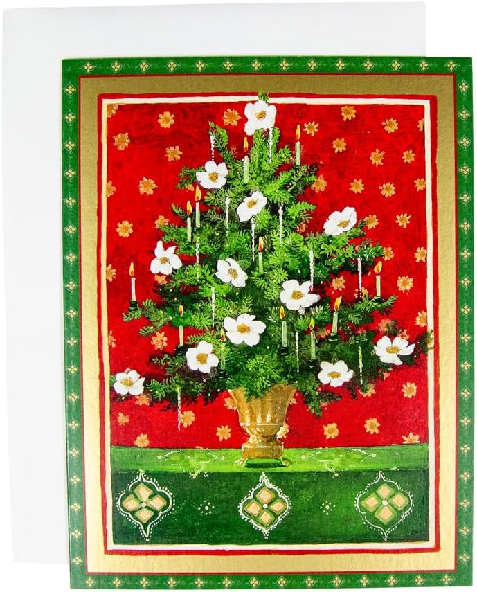 Caspari Tree with Flowers and Lights Boxed Christmas Cards - 15 Cards & 15 Envelopes