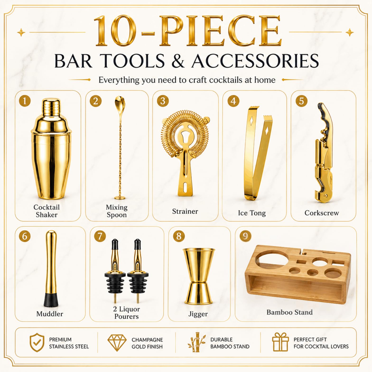 Gold Cocktail Shaker Set, Premium 18/8 Stainless Steel Mixology Bartender Kit with Stylish Bamboo Stand 10-Piece Bar Tools & Accessories for Home Bar for Men, Dad, Husband view 2