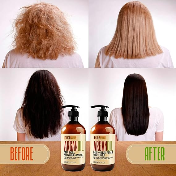 PURE NATURE Moroccan Argan Oil Shampoo and Conditioner Set and Heat Protectant Spray for Hair with Keratin