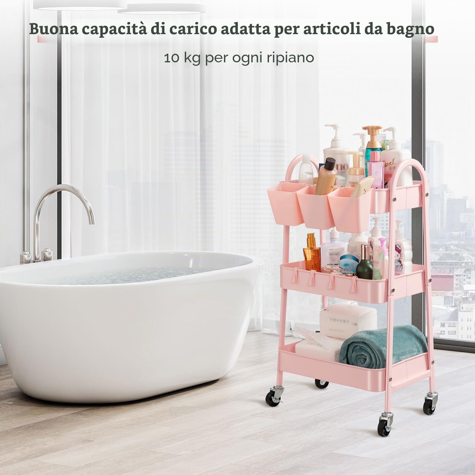 danpinera Carrello portaoggetti a 3 livelli, carrello portaoggetti in metallo con ruote bloccabili, tazze e ganci appesi, carrello portaoggetti su ruote per bagno, cucina, artigianato, bellezza, rosa