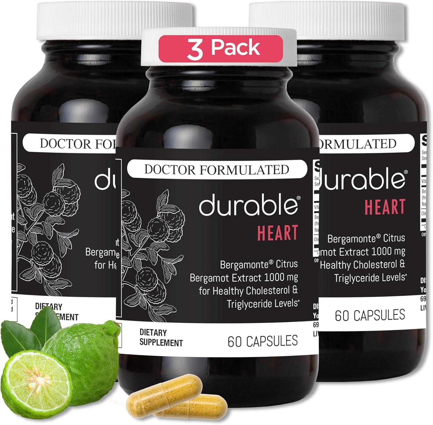 Durable Heart – Bergamonte Citrus Bergamot 1,000 mg + Olive Leaf Extract + Vitamin C - Heart Health Supplement for Healthy Cholesterol - Doctor Formulated, Vegan, Non-GMO, Made in USA (180 Capsules)