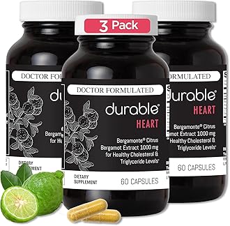 Durable Heart – Bergamonte Citrus Bergamot 1,000 mg + Olive Leaf Extract + Vitamin C - Heart Health Supplement for Healthy Cholesterol - Doctor Formulated, Vegan, Non-GMO, Made in USA (180 Capsules)