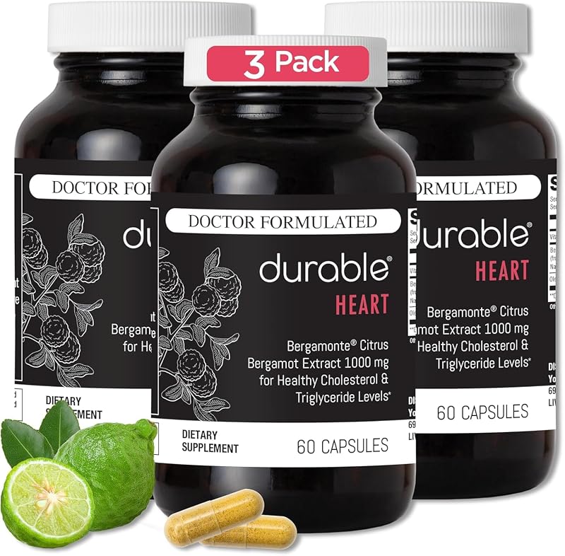 Durable Heart — Suplemento de bergamota cítrica e folha de oliveira, 1.000 mg, 180 cápsulas