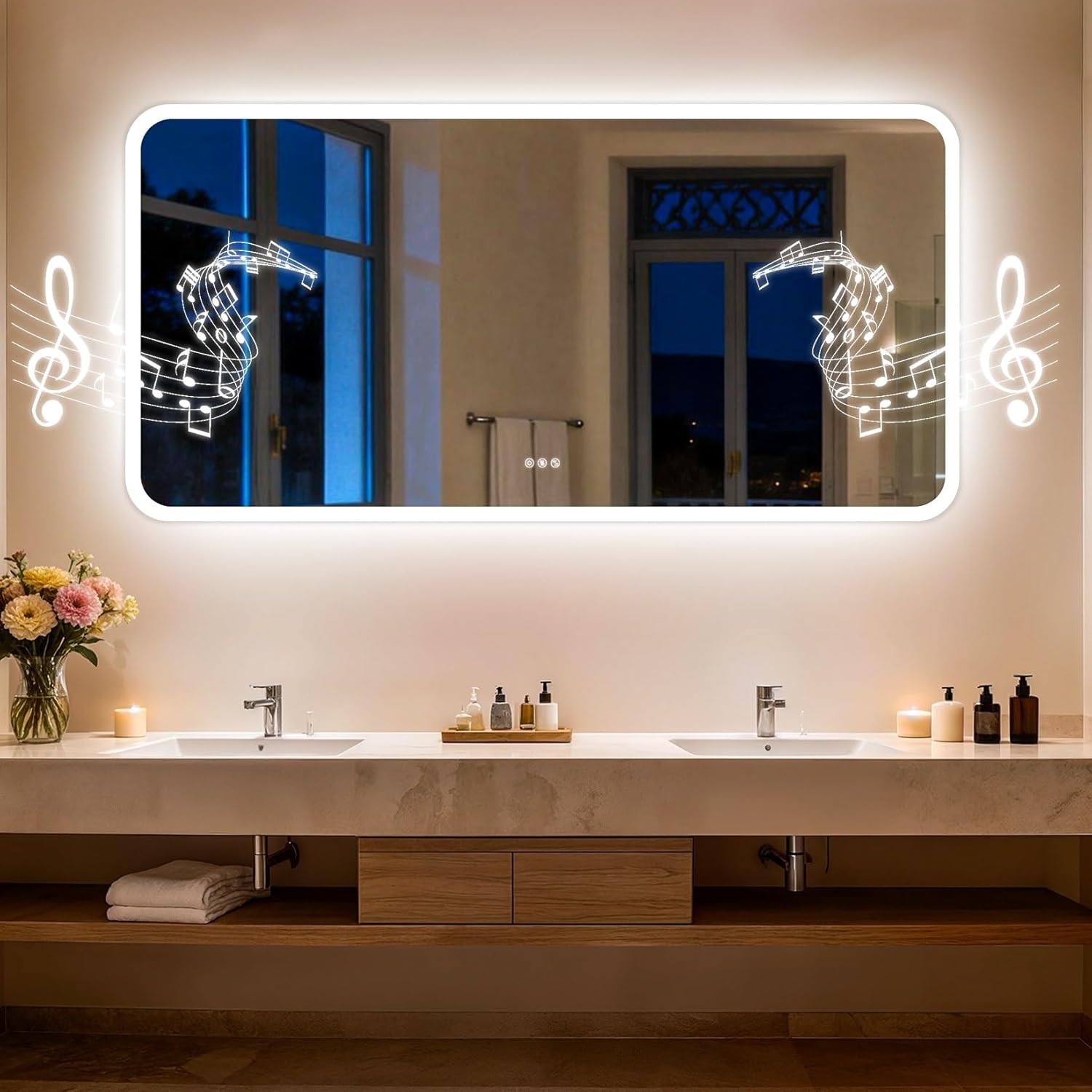 LUVODI Rectangle LED Bathroom Mirror: Smart Bluetooth Vanity Mirror Front-Lit Defogger Stepless Dimming, 31.5x63 inch