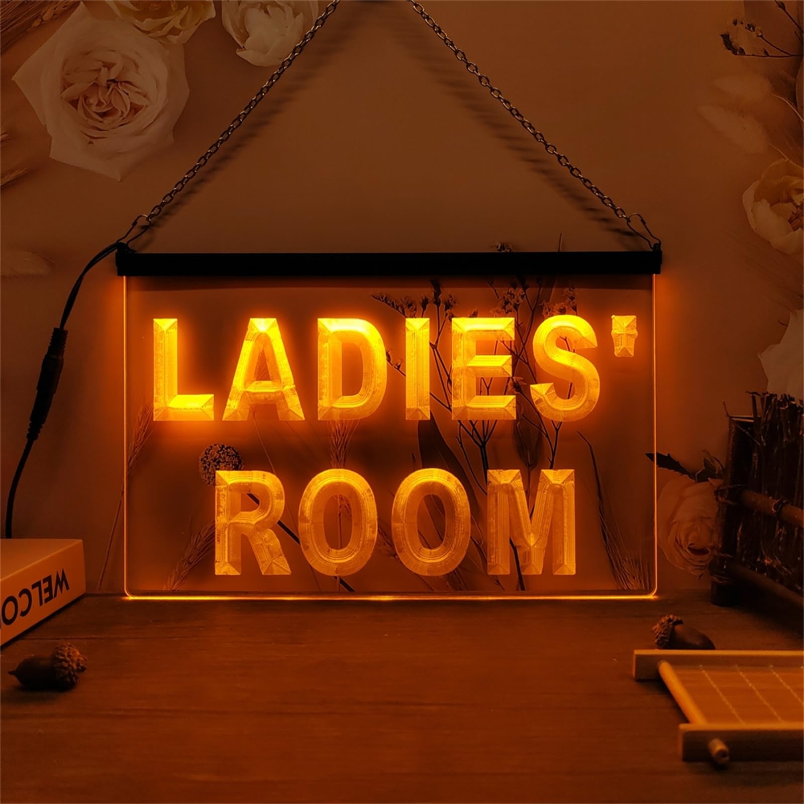 Ladies Room Neonowy szyld do dekoracji ścian – ściemniane neonowe oświetlenie LED z zasilaniem USB do toalety, WC, damskiej toalety lub łazienki,Orange,40x30cm