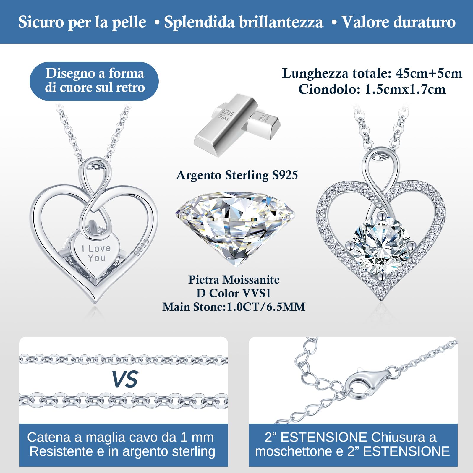 LOUISA SECRET Collane in Moissanite per Donna Cuore Infinito Argento 925 | Regalo di Compleanno per Donna San Valentino Gioielli Natale Festa della Mamma