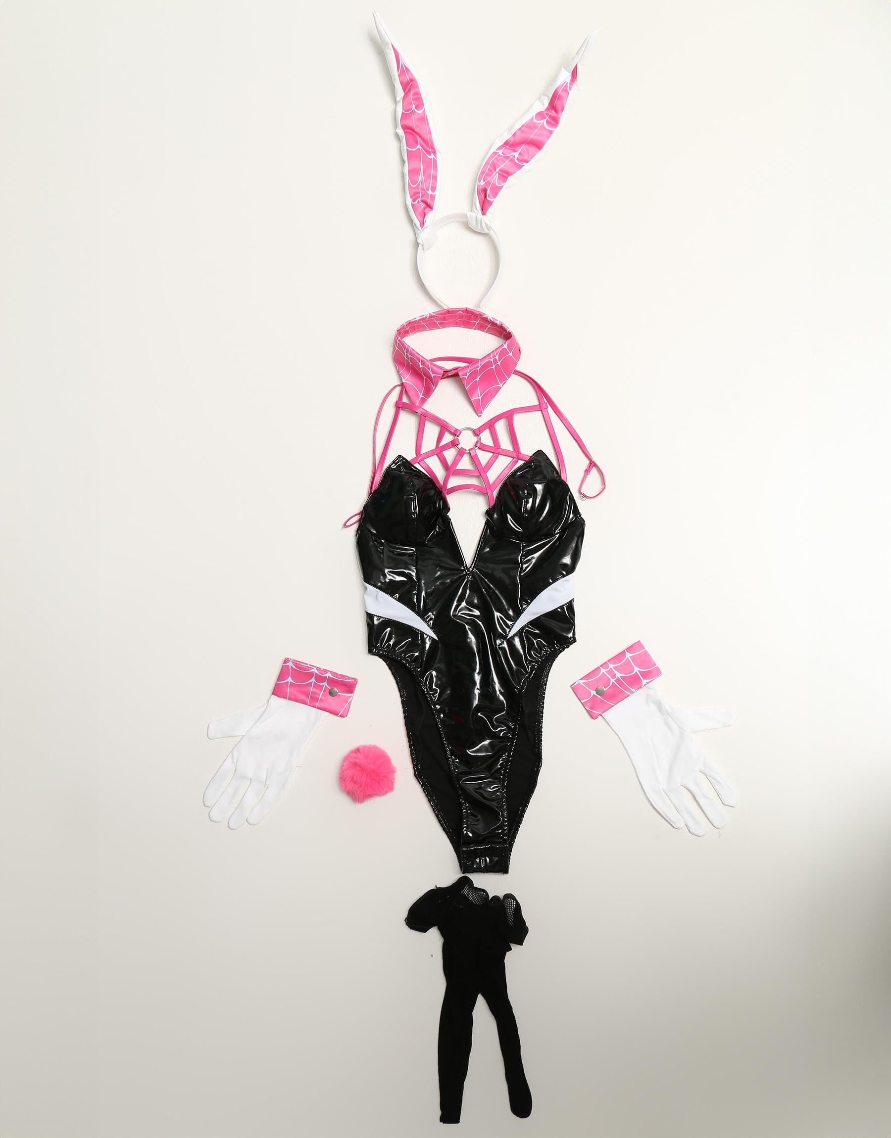 Mobbunny Anime Cosplay Lingerie Black Bunny Girl Bodysuit Halter Spiderweb Bodycon PU Leather Outfit Halloween
