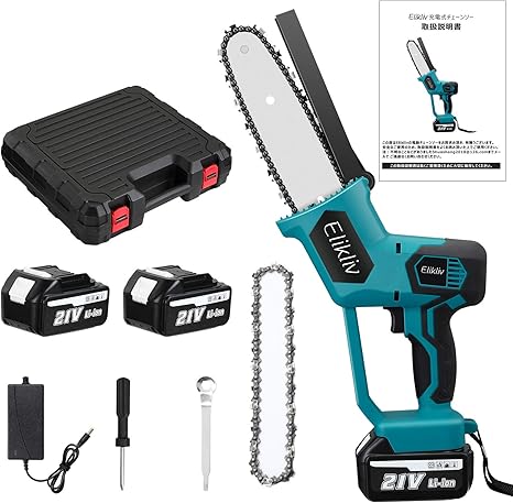Amazon Elikliv チェーンソー 充電式 8インチ 電動のこぎり 剪定ばさみ コードレスチェーンソー 屋外のこぎり 切段物径0mm以内 木工切断 大工道具 園芸設備 草刈り 薪作り 枝打ち バッテリー2個 替刃1本 充電器 収納箱 日本語取扱説明書付き チェーンソー