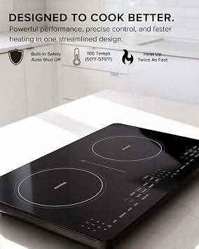 Nuwave PIC Double Portable Induction Cooktop, 900W/1500W/1800W Options, Two 8 Heating Zones, 106 Precise Temperatures from 50F575F in 5F Increments, Shatter-Resistant Ceramic Glass
